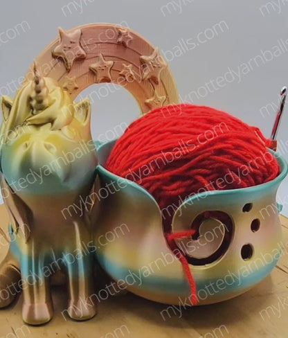 Unicorn and Rainbow Yarn Bowl with Treasure Chest - Yarn Storage Accessory Holder - High Quality Knitting or Crochet Bowl - Fantasy Rainbow