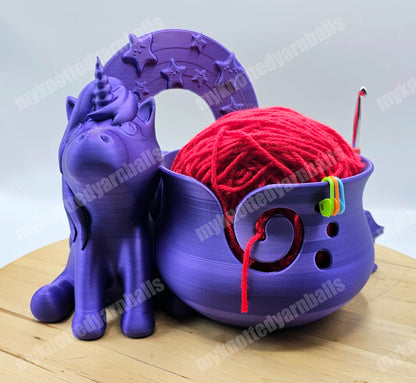 Unicorn and Rainbow Yarn Bowl with Treasure Chest - Yarn Storage Accessory Holder - High Quality Knitting or Crochet Bowl - Fantasy Rainbow